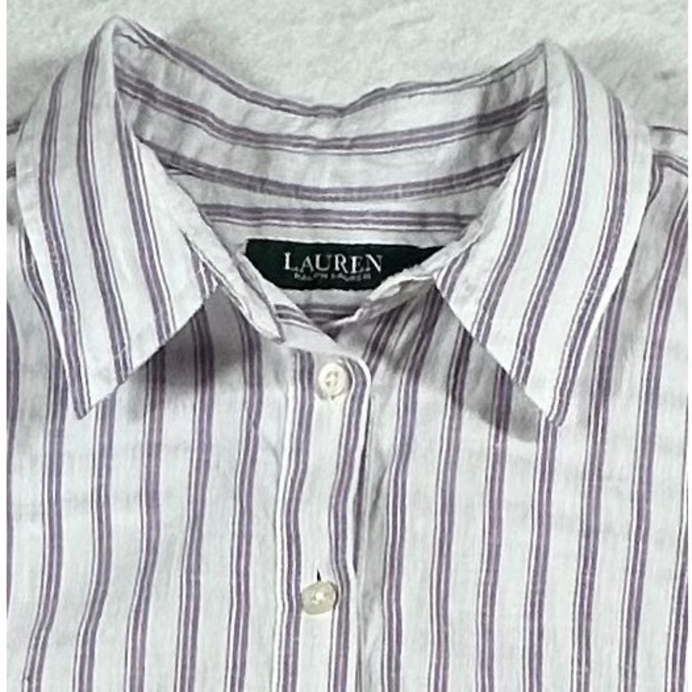 Lauren Ralph Lauren Women M 100% Linen Purple Stripe Popover Shirt Coastal
